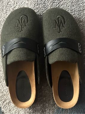 JW ANDERSON  Mens Olive Green Felt Slide Sandals with Black Leather Strap